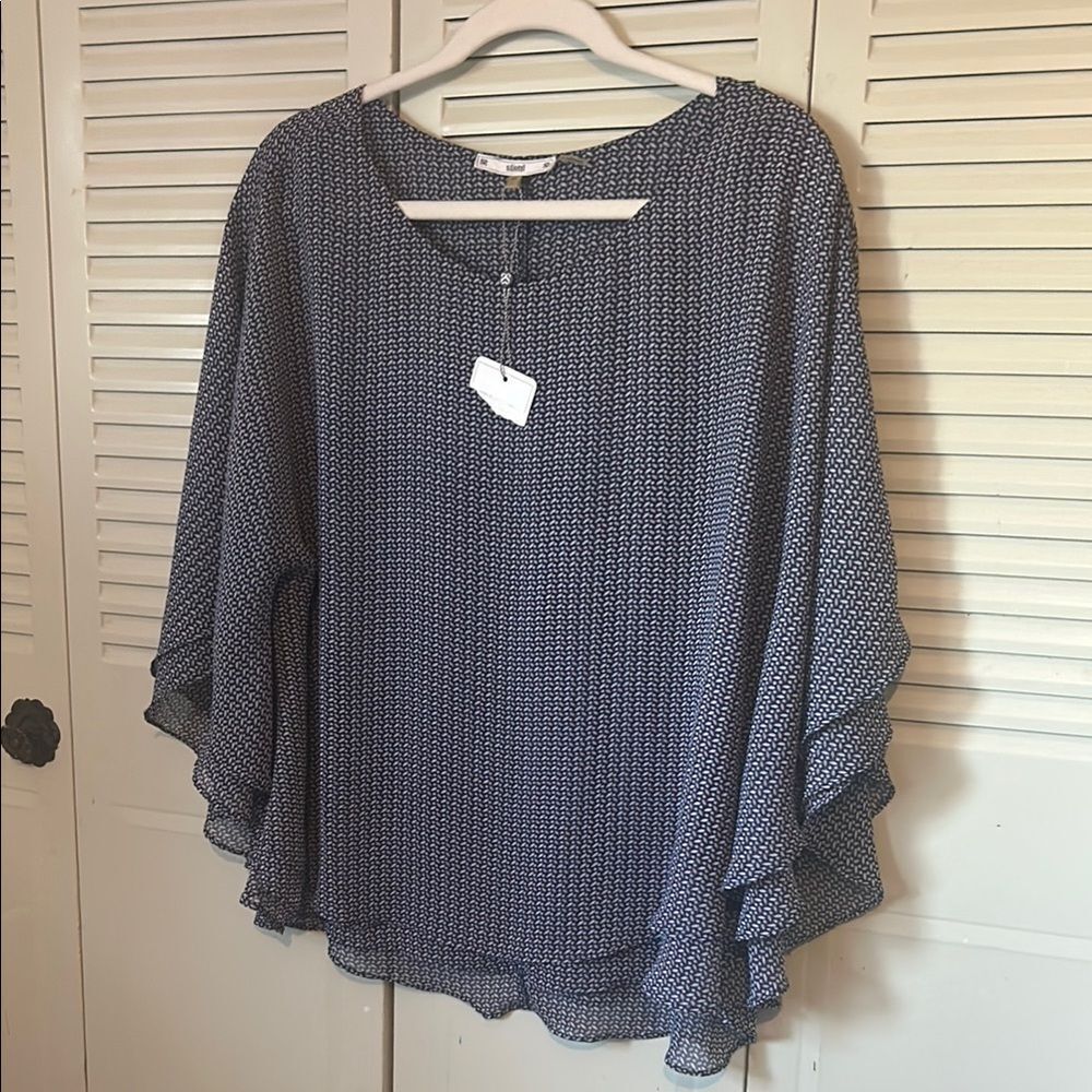 Blue Blouse with Scoop Neck Bell Sleeves and 3/4 Length size M